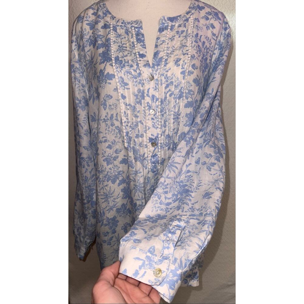 J. Jill Love Linen Floral Tunic Top Large Blue White 100% Linen Long Sleeve Boho - Picture 8 of 12